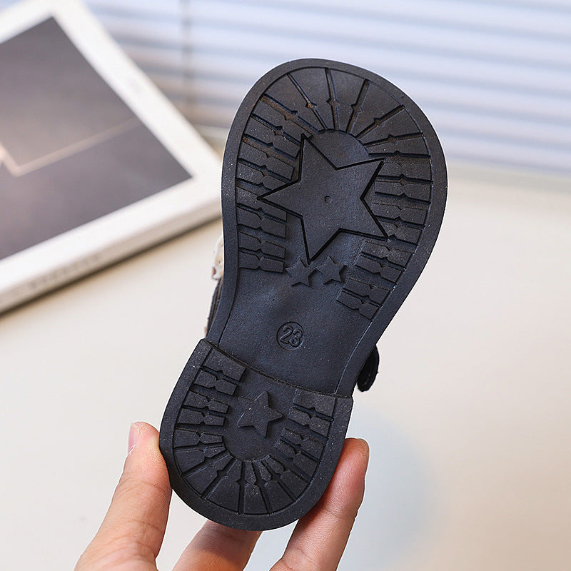 Vancahao girls' double-layer cotton black leather shoes,  winter new collection, kids' fashion lace-trimmed princess shoes