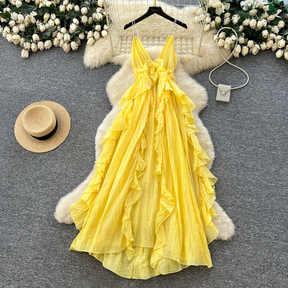 Vacation style blue suspender sweet age-reducing dress female summer romanticruffles trailing long skirt showing white fairy spirit