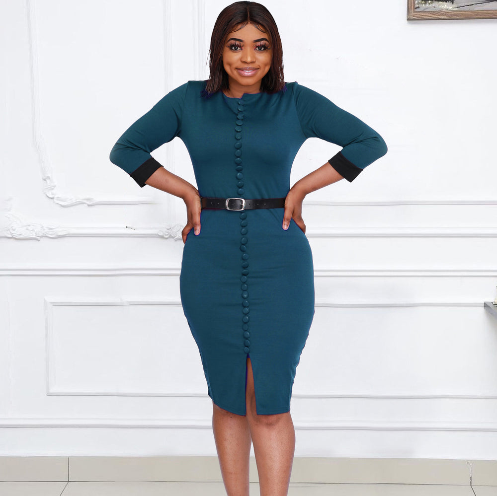 Q022y european and american cross-border foreign trade new  high waist slimming one-row button slit sexy hip-hugging dress
