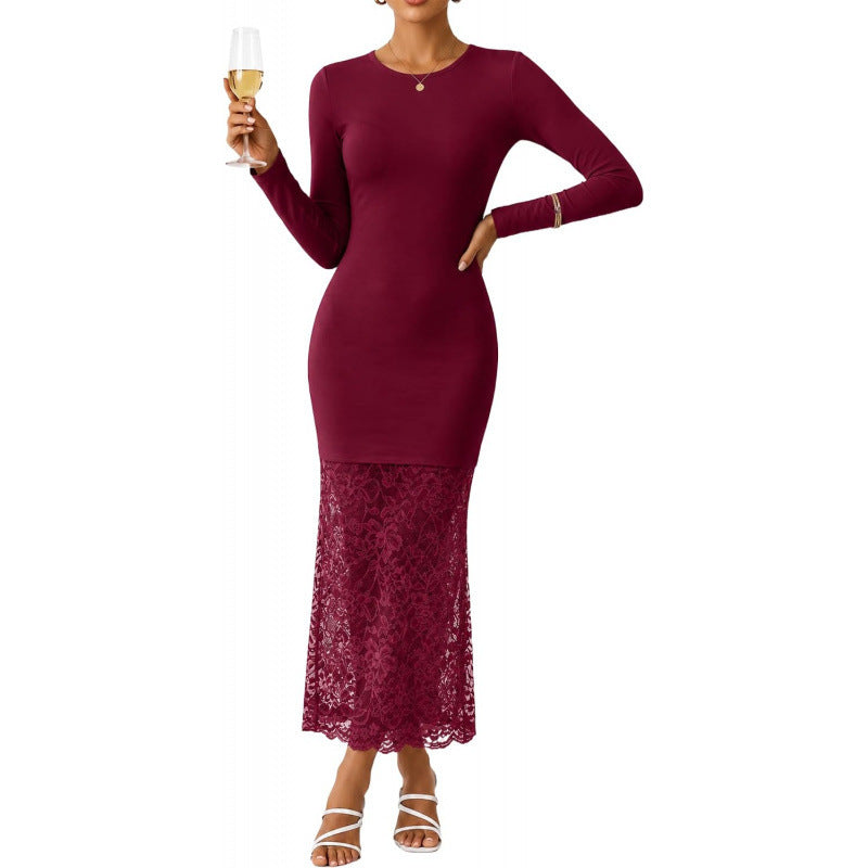 sweet style  autumn new arrival: high-end elegant long-sleeved maxi dress with lace paneling