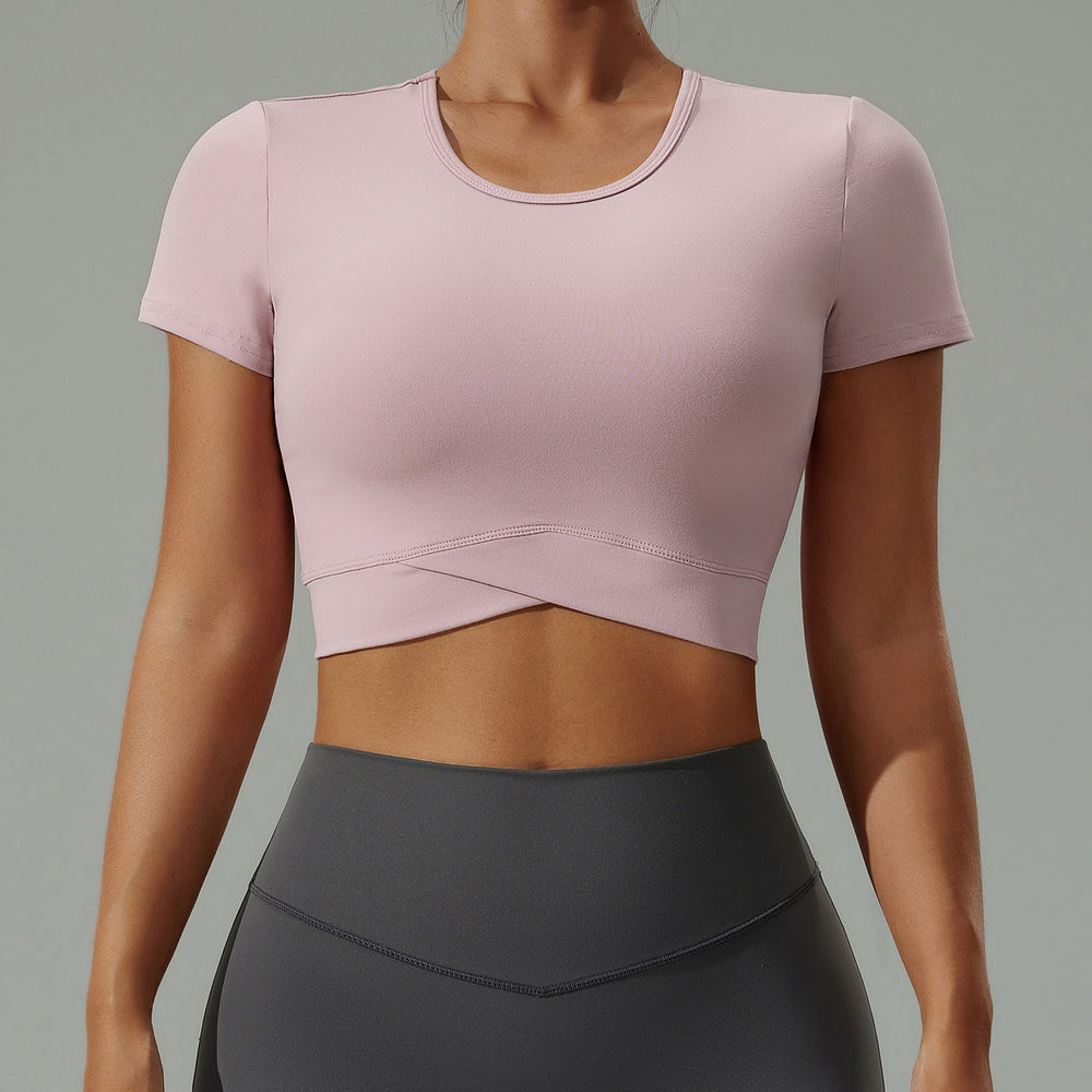new arrival yoga wear t-shirt women's summersexy navel-baring round neck fitness wear short-sleeved high-elastic breathable sportswear