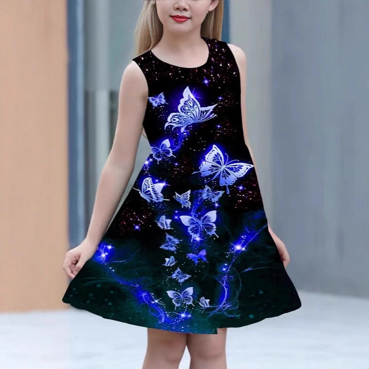 Girls' sleeveless summer dress with fashionable butterfly print - 100% polyester, machine washable