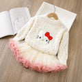 Girls' sweater cute cartoon cat fleece-lined thickened princess dress two-piece set puffy skirt autumn and winter new arrival outfit