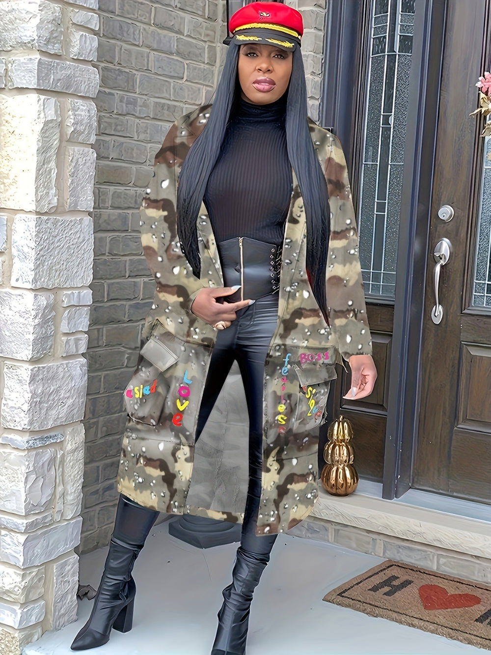 S390237 in stock wholesale women's mid-length casual fashion european and american camouflage print patchwork military overcoat