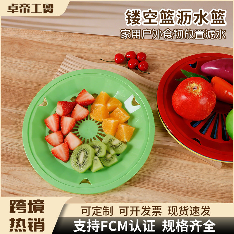 Round hollow basket drain basket picnic food placement tray barbecue tray holder drain basket plastic hollow dinner plate cross-border