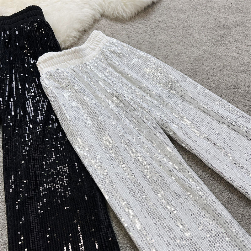summer new arrival: flowy starry sky straight-leg pants - elastic waist, sparkling sequins, casual, loose fit, slimming wide-leg trousers