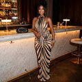European and american style foreign trade fashion women's casual travel black pattern bodycon skirt high neck sleeveless halter neck evening party long dress