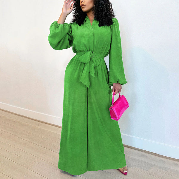 X20051  exclusive for  European and American fashion women's lantern sleeves solid color waist lace-up wide-leg jumpsuit