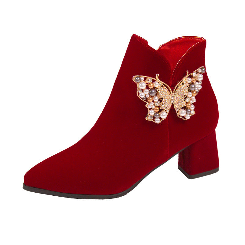 2024fall and winteroutwearfashionboots women's pointed toe thin heel xiuhu red bridal shoes pearl suede short boots