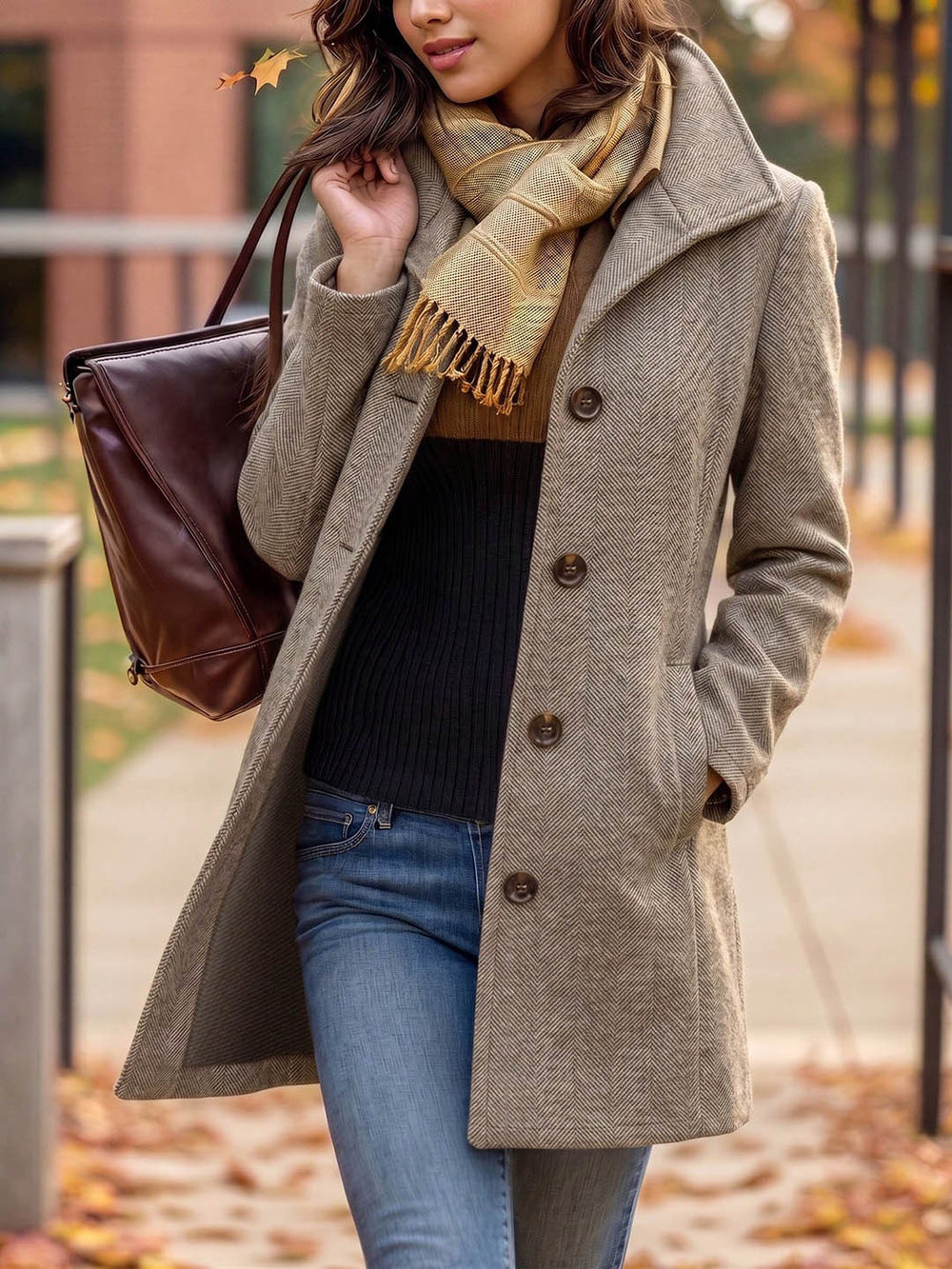 Fashionfall and winter style women's outwear herringbone pattern large lapel single breasted flap pocket pants design slimming lookwoolen coat supply