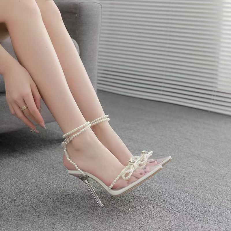 Hot-selling new women's shoes: european and american style butterfly pearl rhinestone fashion pointed-toe clear crystal heel sandals