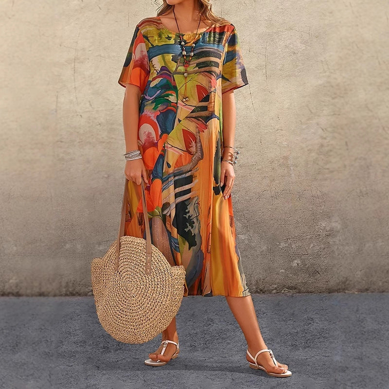 european and american cross-border fashion casual printed dress - summer short sleeve tie-waist round neck loose beach maxi dress