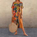 european and american cross-border fashion casual printed dress - summer short sleeve tie-waist round neck loose beach maxi dress