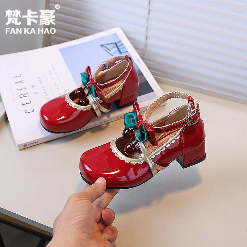 Vancahao kids chunky heel round toe mary jane leather shoes  new girls' cute bow princess shoes