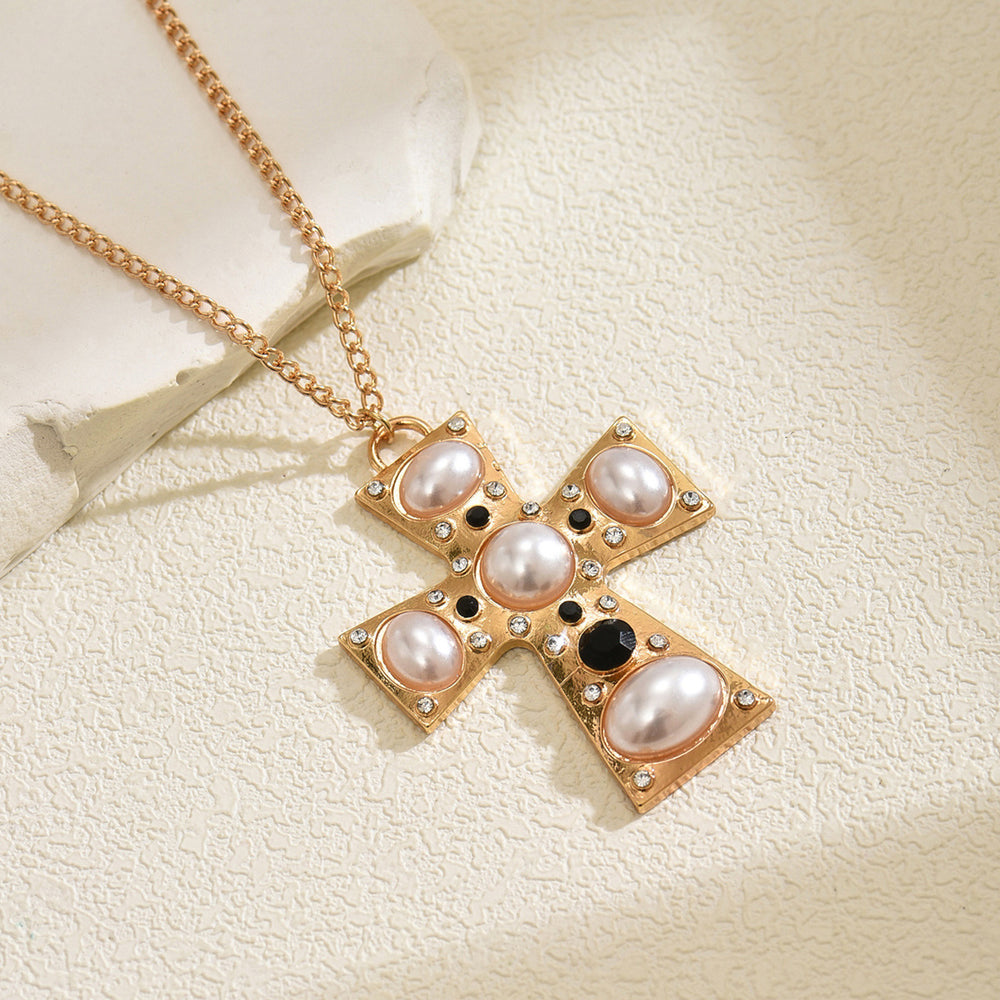 Imitation pearl metal cross pendant wholesale - european & american cross-border punk style - unique necklace for women - high-end clavicle chain