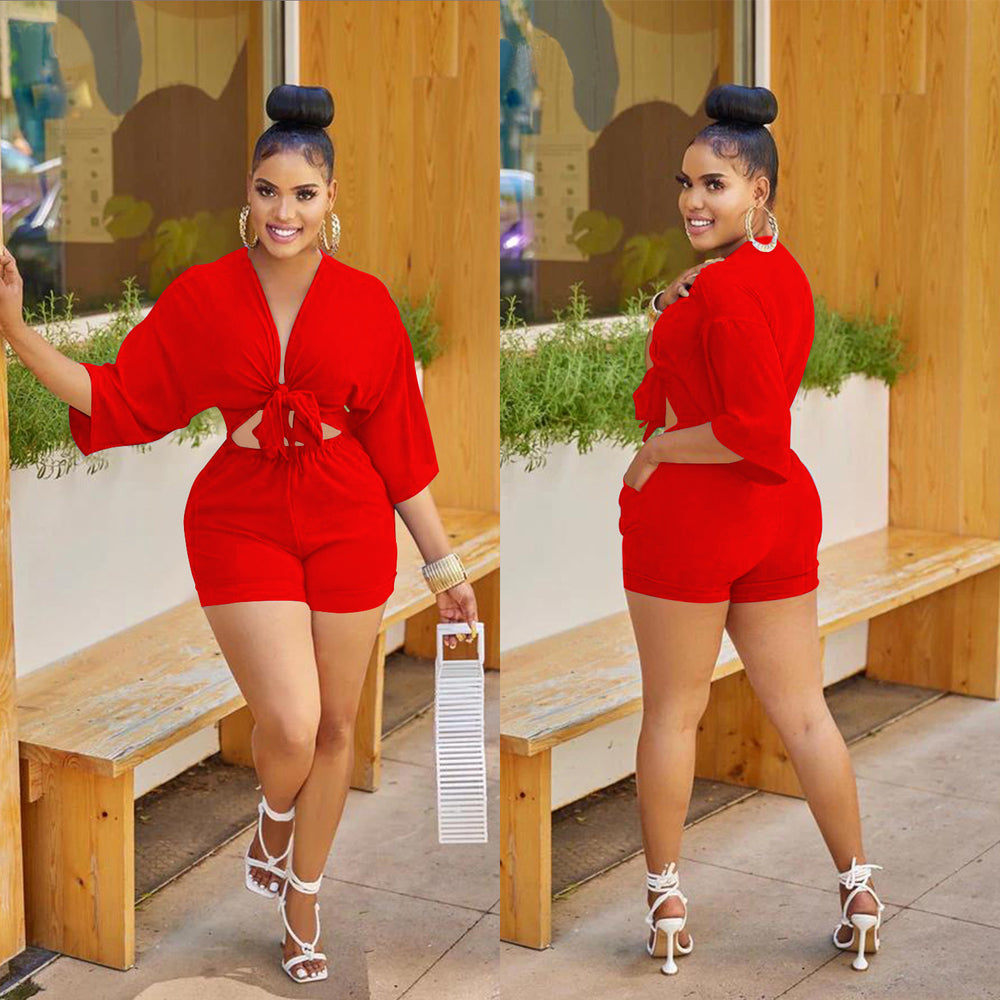 C5973 in stock cross-border   fashion women's shorts, mid-sleeve mock shirt jumpsuit