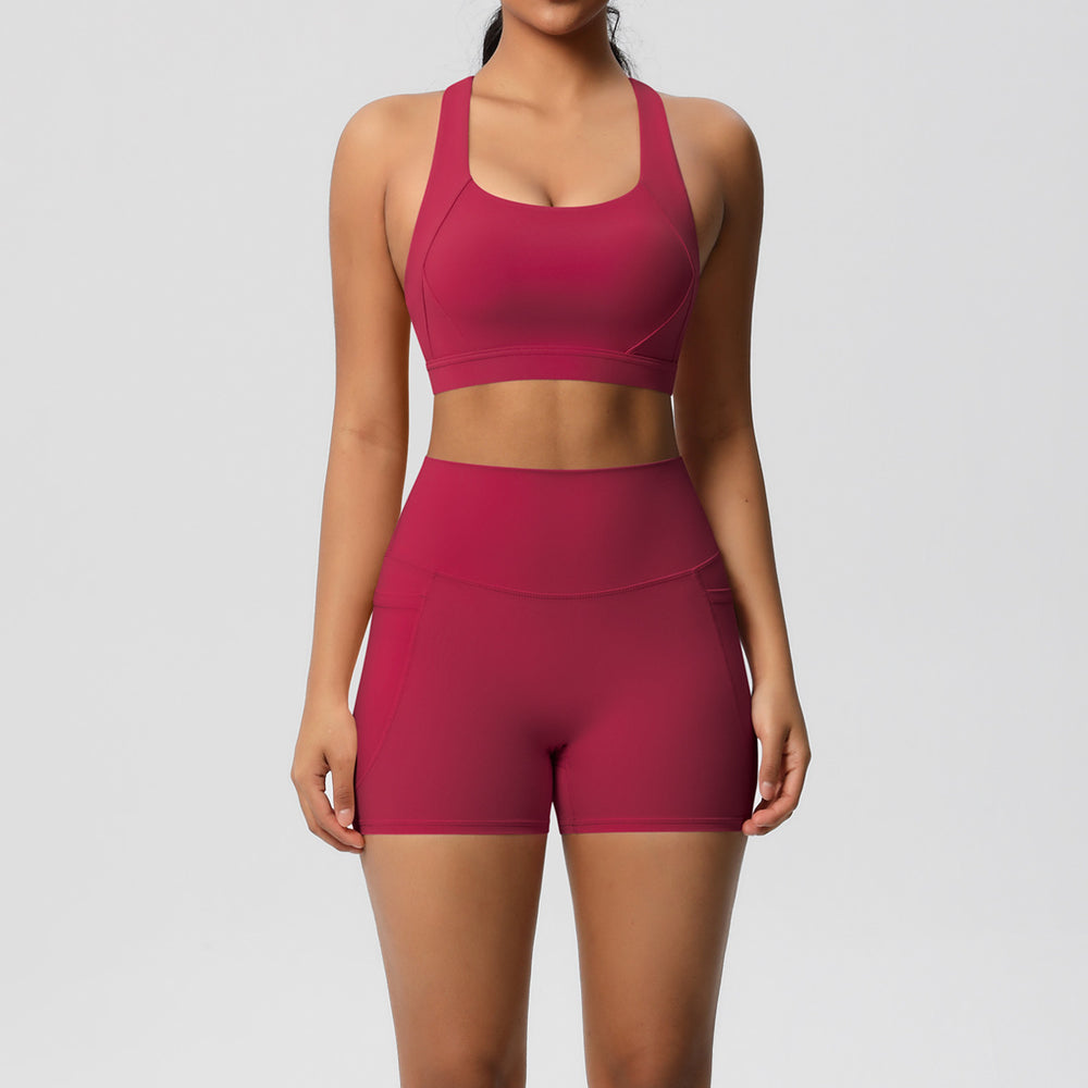 European and american cross-border double-sided brushed sports bra and pocket shorts set - pilates, running, fitness, and yoga apparel