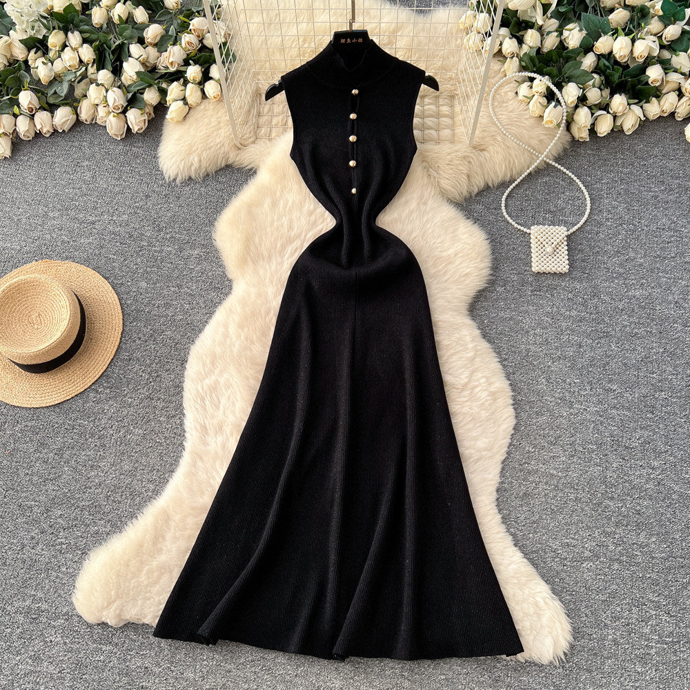 Classysense normcore style elegantcut out metal button half turtle collar dress women's fall and winterelegance bottom knitting long skirt