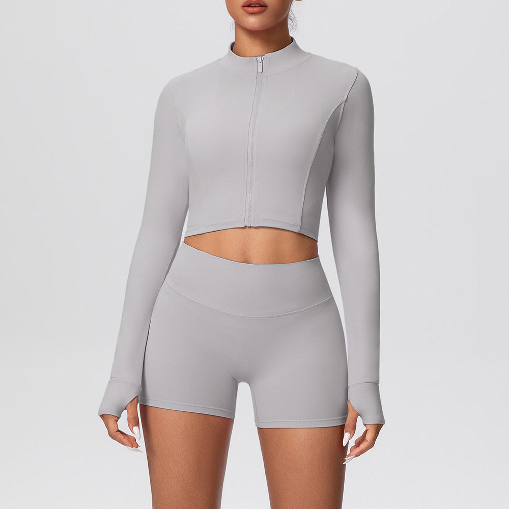 Ready-to-ship cross-border solid color double-sided brushed naked feel cropped jacket set - tight-fitting running, fitness, and yoga two-piece outfit