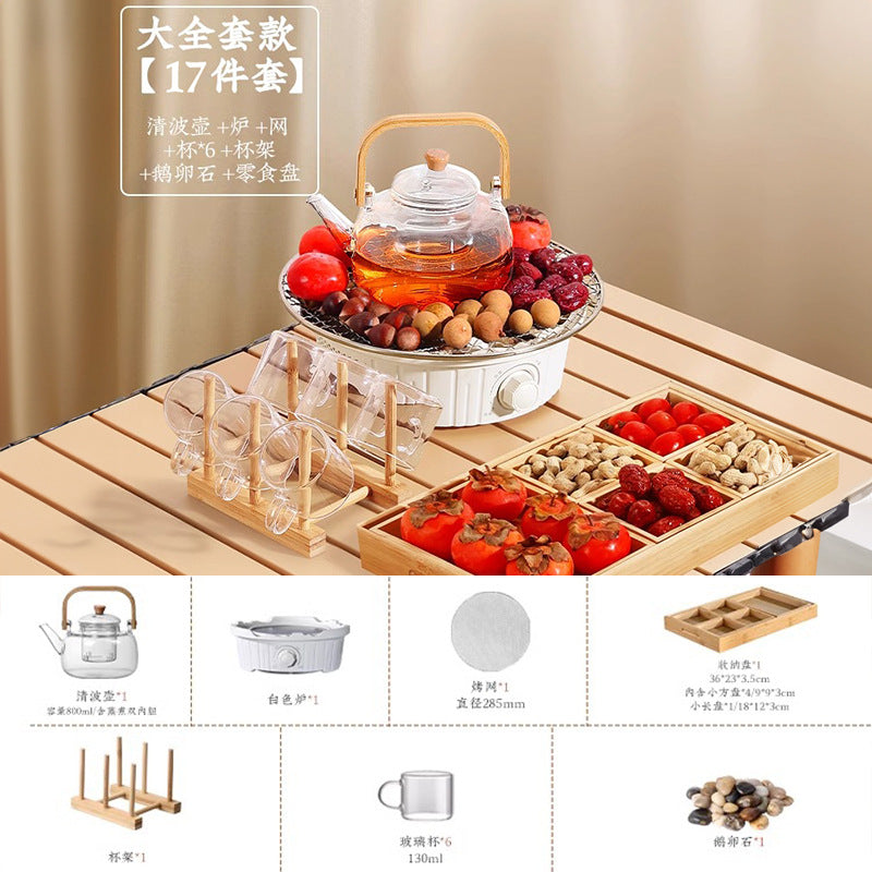 Electric ceramic stove tea set - complete tea brewing kit for home use: includes glass teapot, electric oven, tea cups, fruit plate, and tea accessories