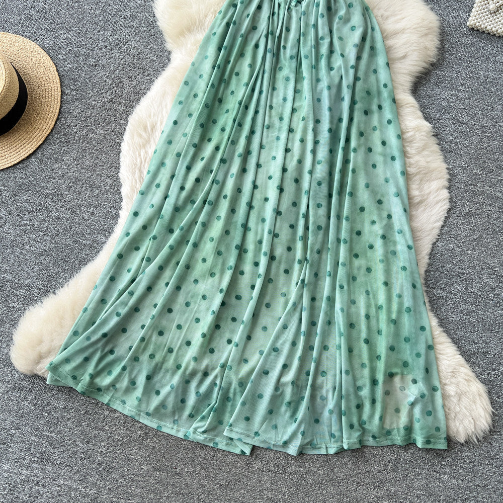 French riviera style green polka dot cami dress - women's summer versatile high-waisted slimming elegant maxi dress