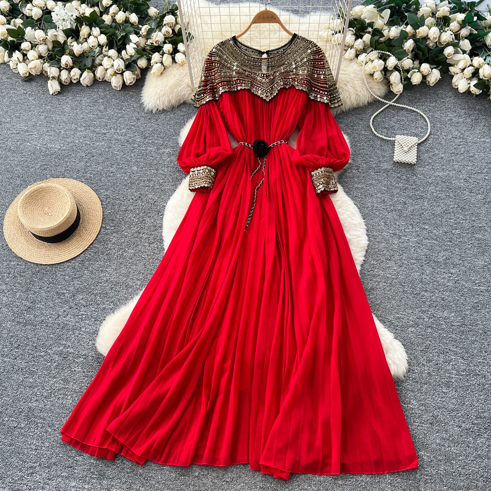 French-style heavy embroidery beaded sequin mesh patchwork lantern sleeve tie-waist pleated maxi dress - women's high-end long dress