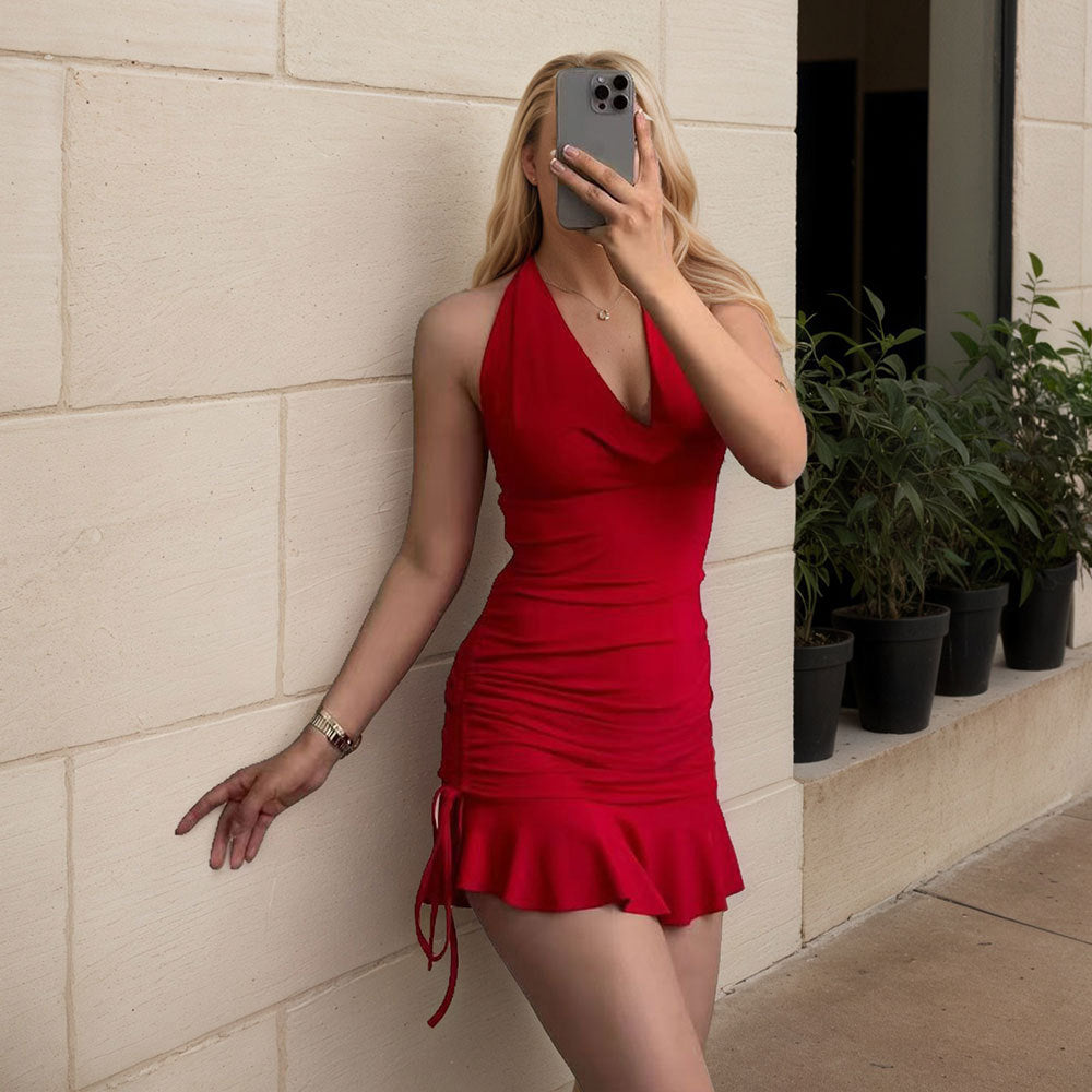 summer european and american  cross-border e-commerce new arrival: chic and sexy v-neck halter bodycon dress