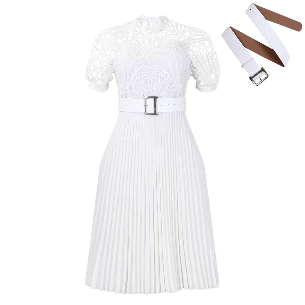 D499 european and american style women's  new short-sleeve lace trim pleated african dress - cross-border evening gown