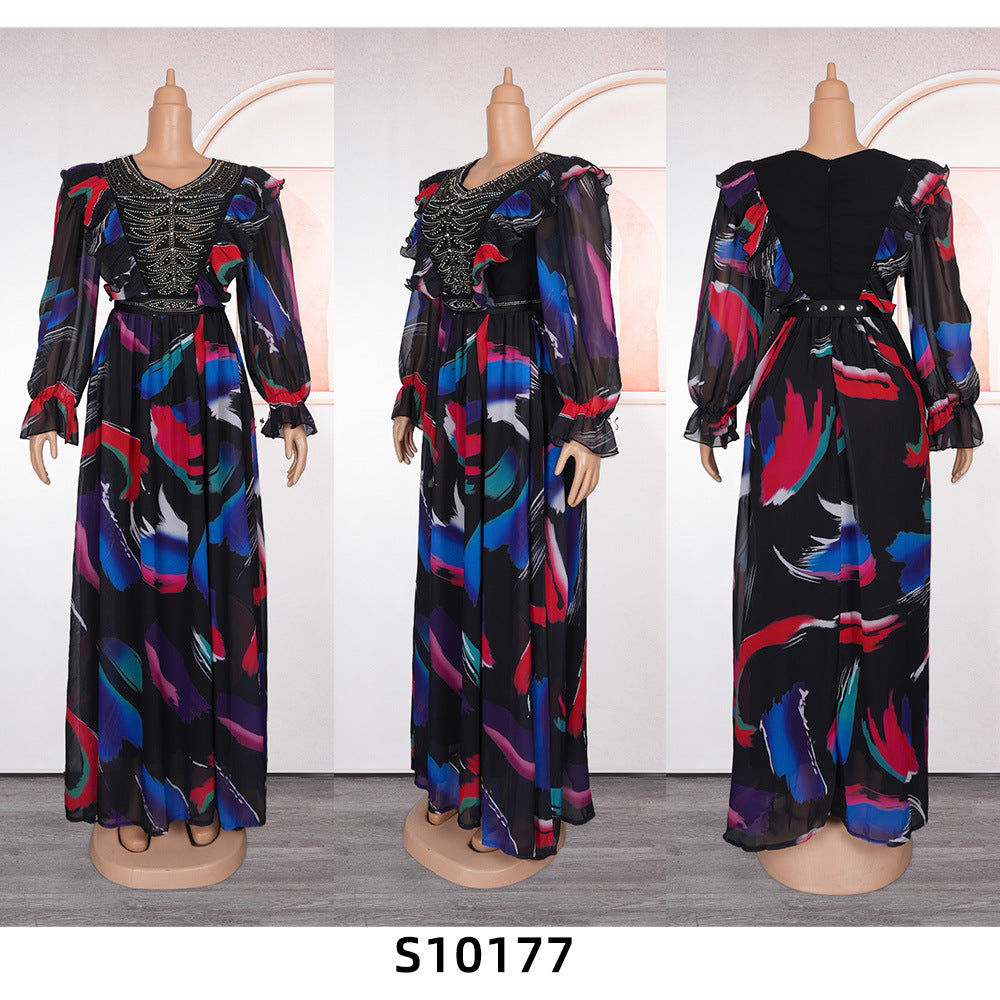 European and american new arrival african plus size women's v-neck dress - in stock, ready to ship -  cross-border e-commerce, chiffon printed maxi dress