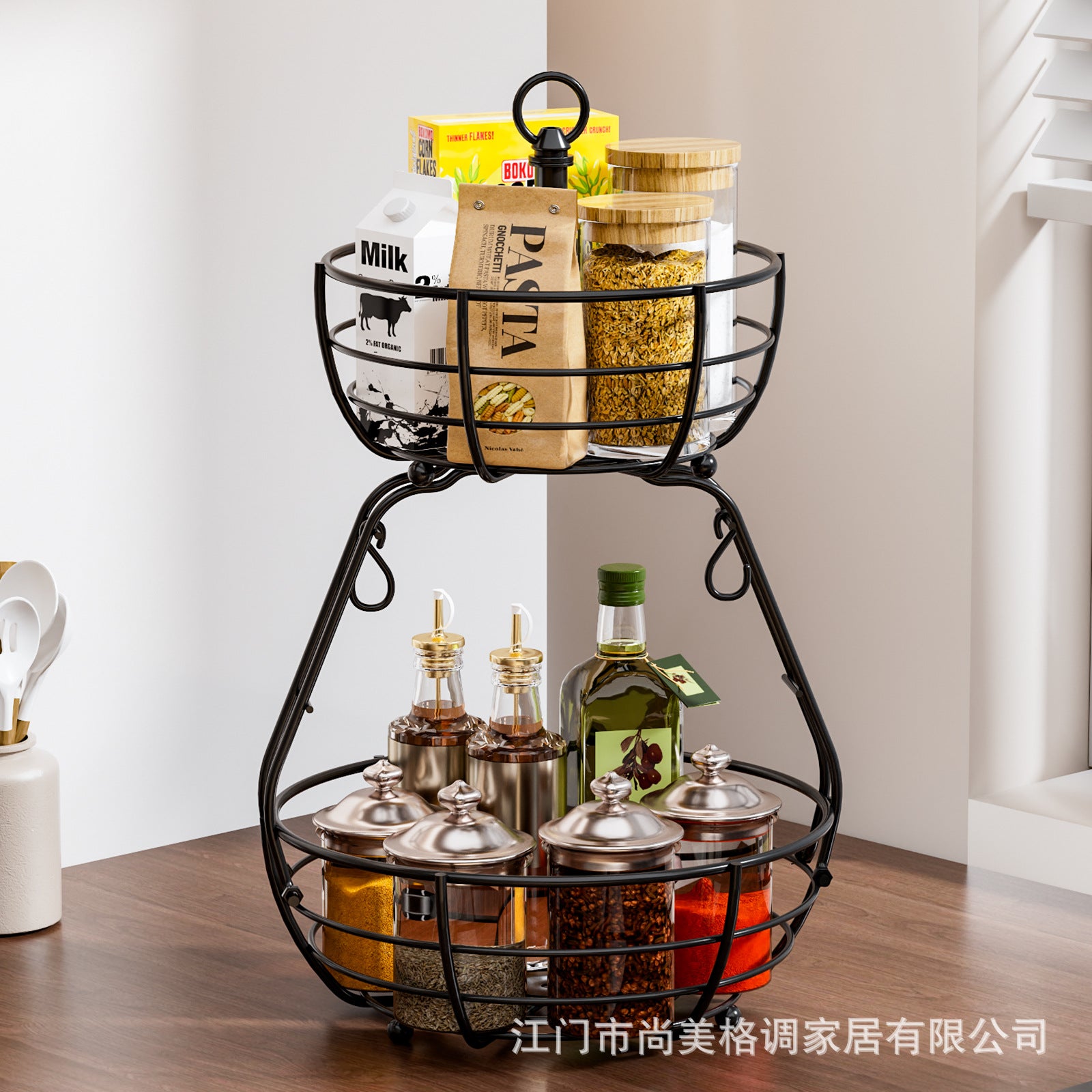 Double-layer fruit basket, living room desktop snack storage basket, portable fruit plate, banana hook, wrought iron removable fruit and vegetable basket