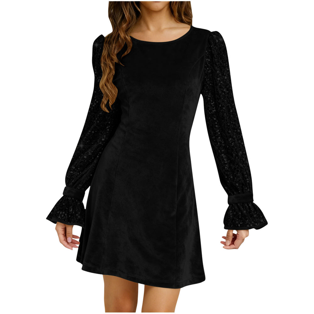 european and american   women's fashion solid color round neck gold velvet sequin long sleeve dress