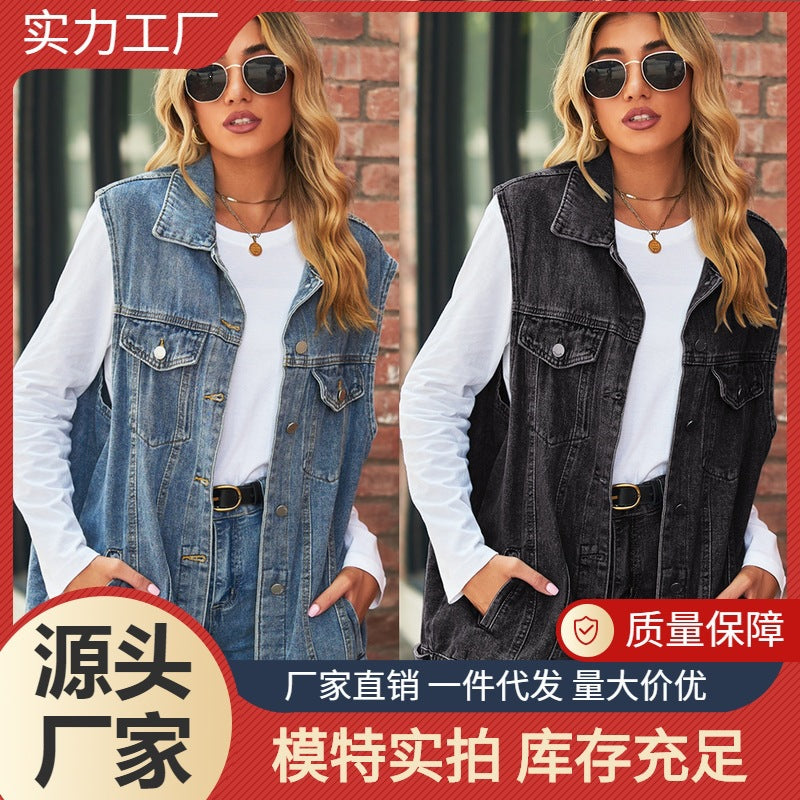 Independent real shot  fashion cross-border  new arrivalretro denim vest outwearloosecasual women's trendy