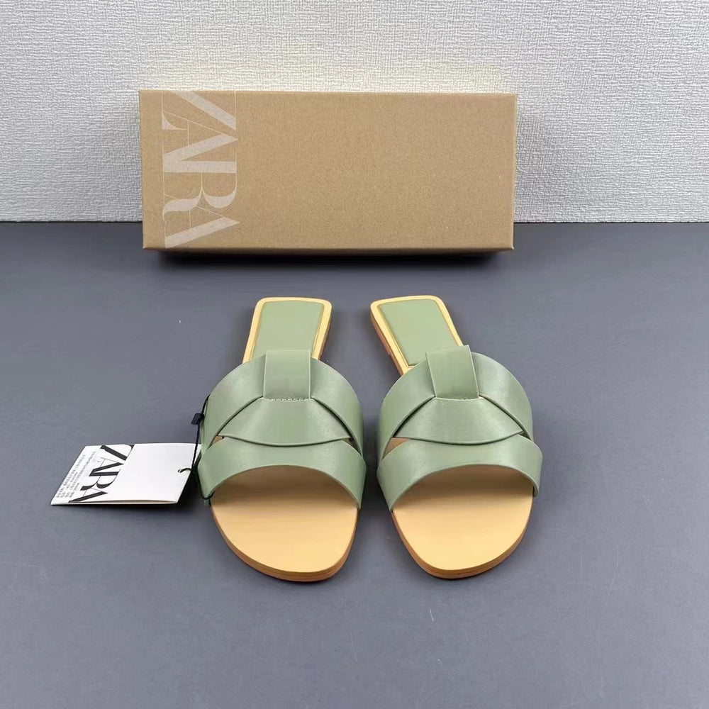 Za2024summernew arrival women's shoes flats cow leather sandals one strap sandals open toe back empty beach shoes outwear