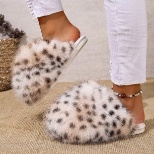 new arrival leopard print long hair toe-warm cotton slippers women's export fluffy large size fur slippers in stock