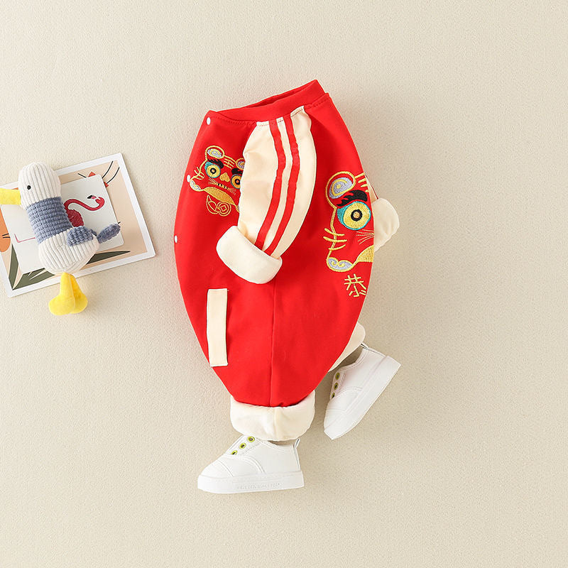 Baby fall and winter wear chinese style long sleevesfleece-lined khaki full moon suit tiger head first birthday dress climbing suit national trend