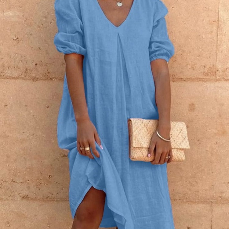 european and american cross-border   cotton linen solid color fashion mid-length long sleeve casual midi dress