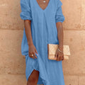 european and american cross-border   cotton linen solid color fashion mid-length long sleeve casual midi dress