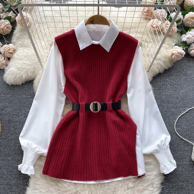 Autumn/winter korean chic socialite style lantern sleeve loose mid-length white shirt knitted vest two-piece set
