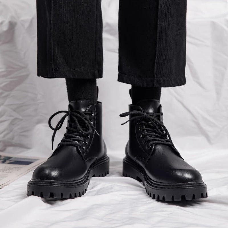 Boots men's shoes autum high-top british style men's leather shoes black motorcycle leather boots waterproofworkwear boots men's