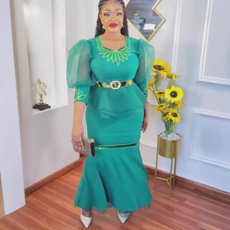 supply of african women's clothing, lotus leaf organza puff sleeve tops and skirt embroidered sequinsuit special price
