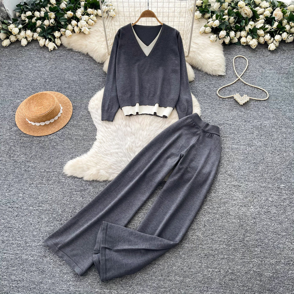 Commuting style long sleevespatchworkv neckknitting shirttwo-piece setfemale autumslimslimming lookloose pantslazysuit light and mature