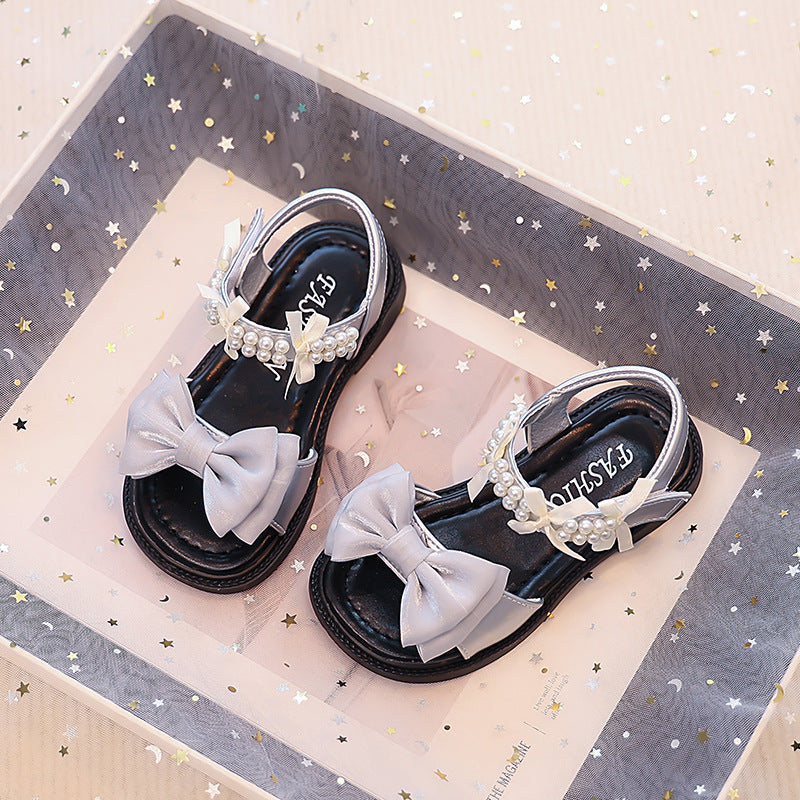 Vancahao kids' chanel-inspired pearl open-toe sandals -  summer new korean style girls' bow princess shoes