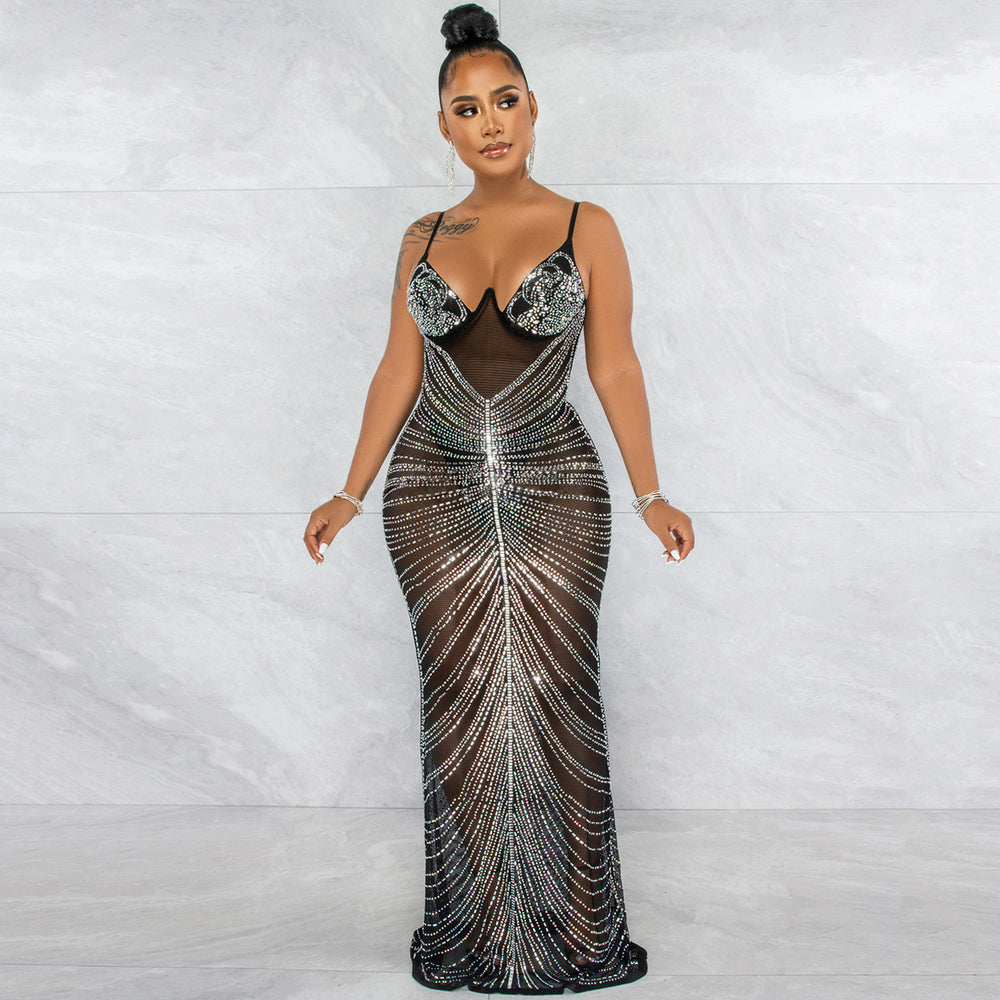 X5618   fashion new hot diamond sexy suspender chest wrap mesh see-through long skirt dress