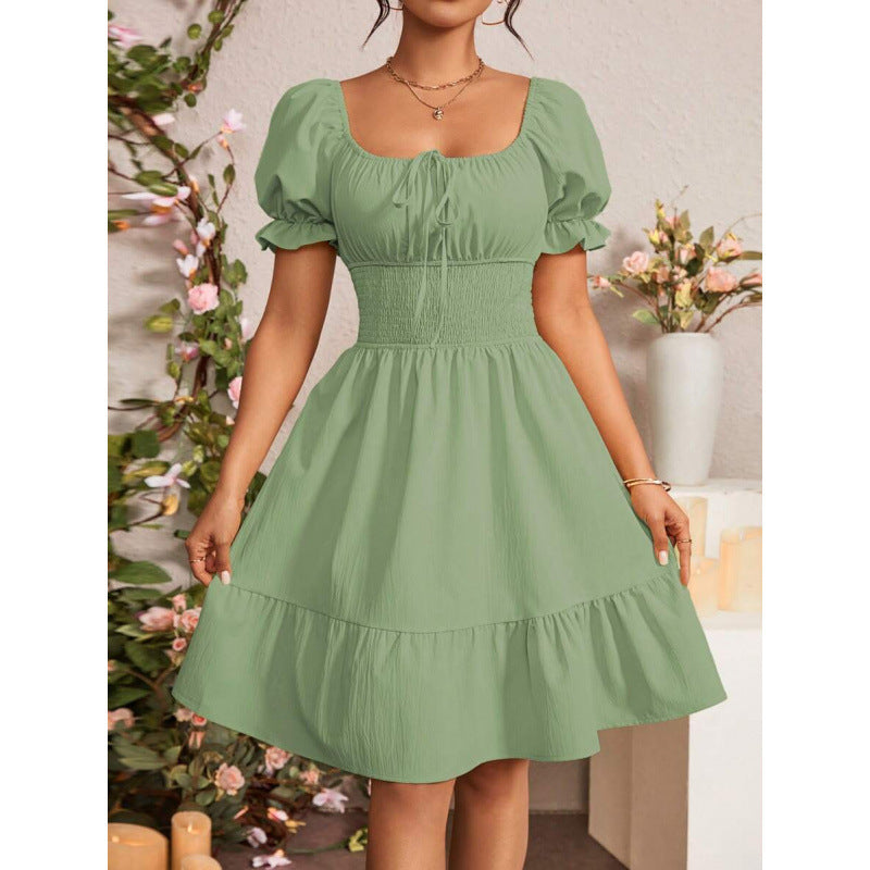 fashion  summer new arrivalelegantrufflespure color puff sleeve square neck shortdress