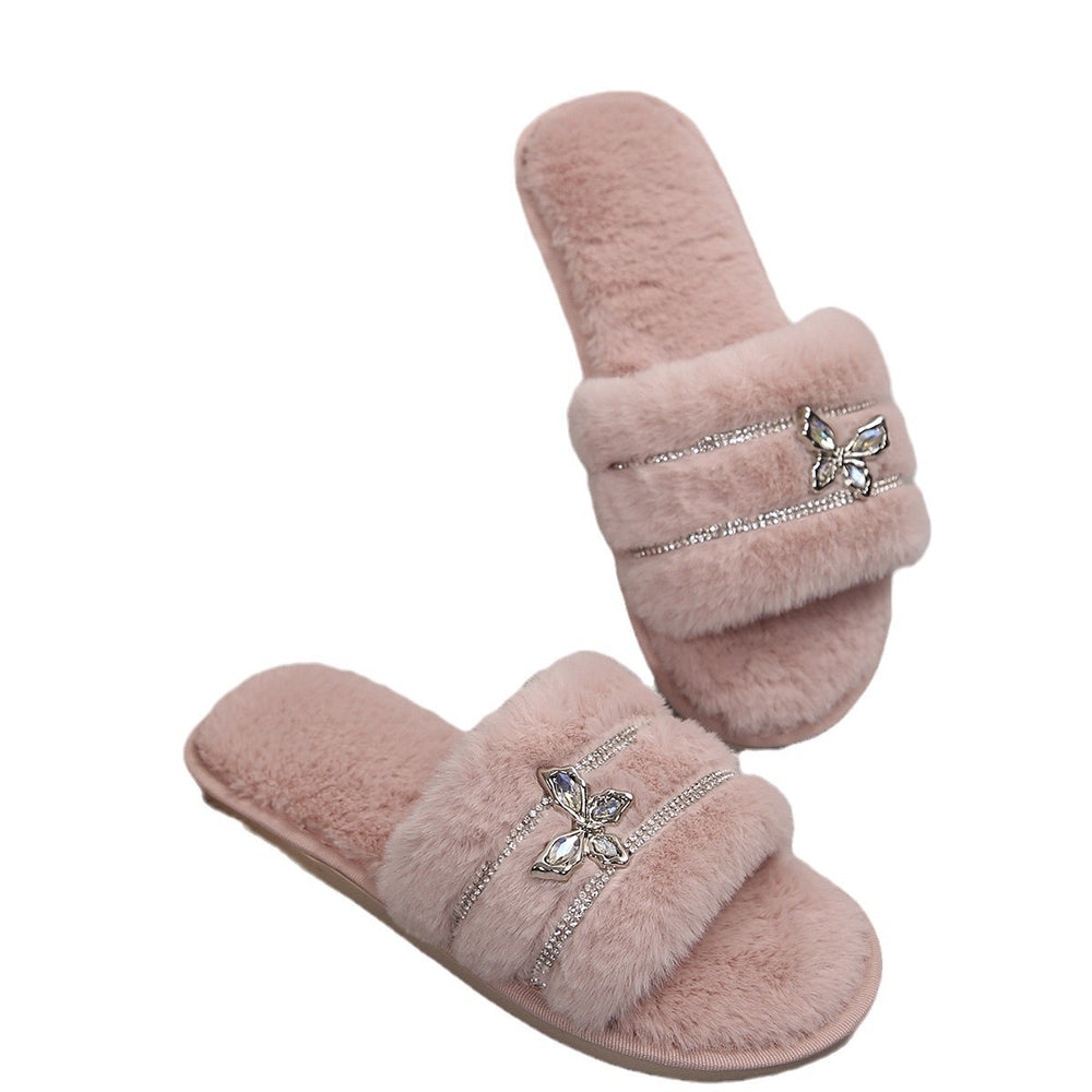 Rhinestone butterfly cotton slippers women's autumn winter new indoor and outdoor home plush warm slippers women's slippers