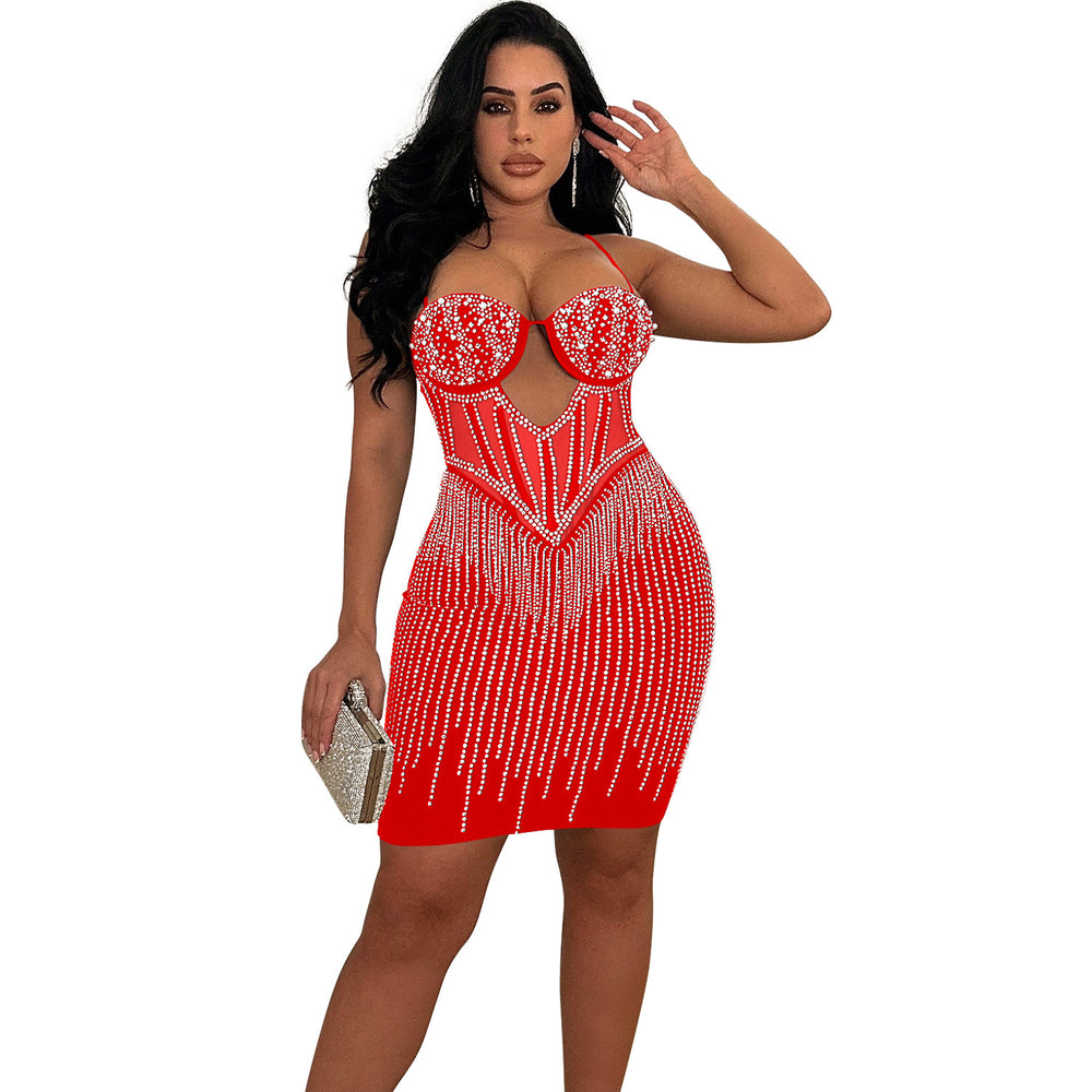 C6753 cross-border   fashion women's solid color mesh rhinestone camisole mini dress