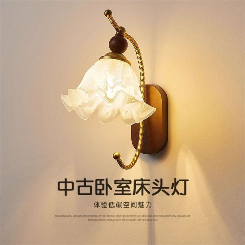 French-style wall lamp, vintage-inspired, for bedroom bedside, living room, hallway, or entryway accent wall. retro walnut finish, eye-friendly wall sconce