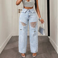 Fashionjeans women's light white washed foldable waistband big hole raw edge beggar style high waiststraight-leg wide leg denim