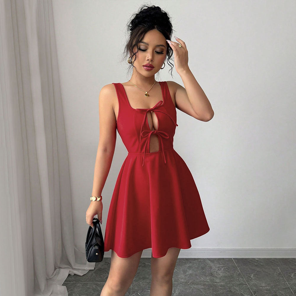 European and american export cross-border women's fashion  summer new sexy square neck red dress a-line suspender mini dress
