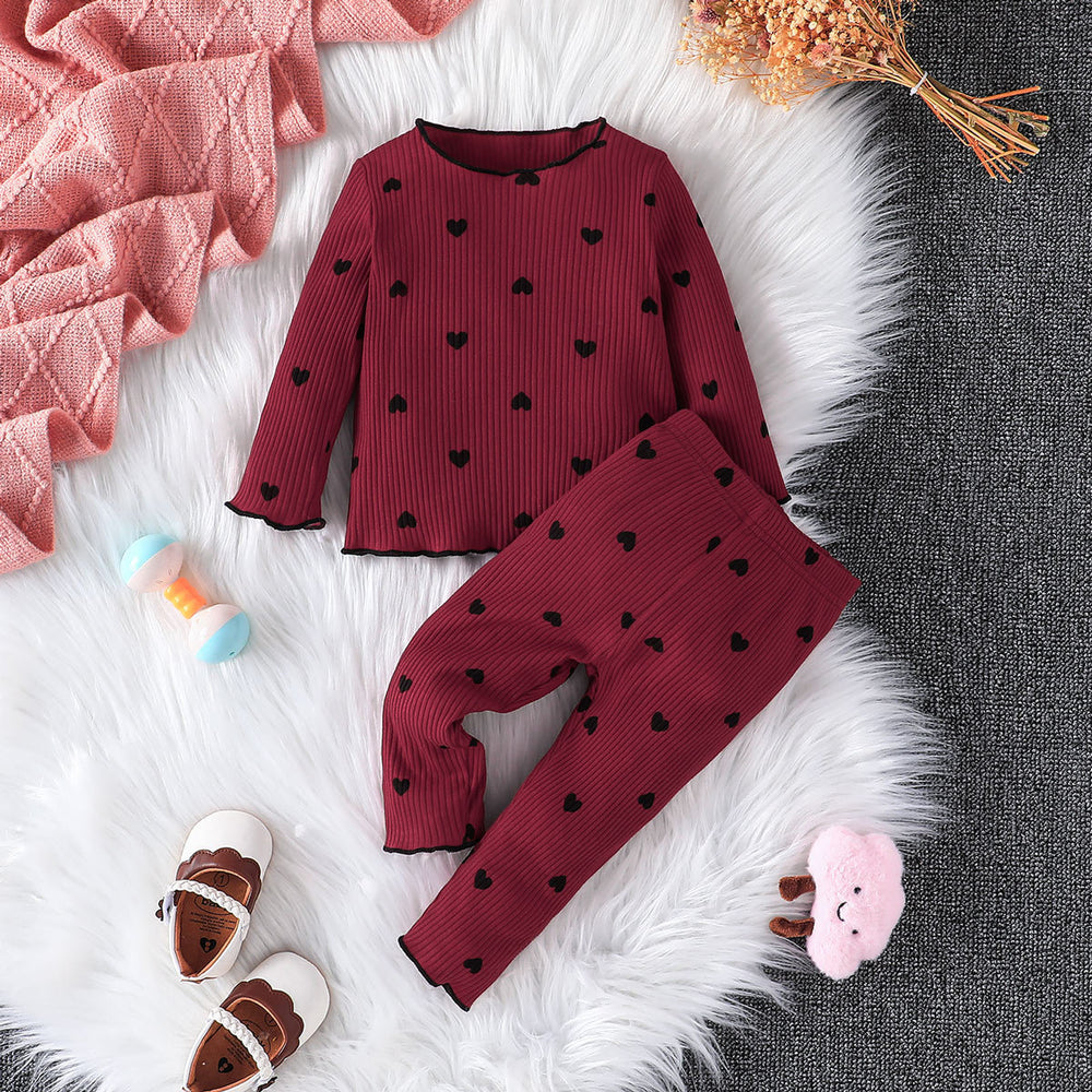 cross-border fashion baby & toddler valentine's day new collection: solid color ribbed knit heart print long sleeve two-piece set - ready stock wholesale
